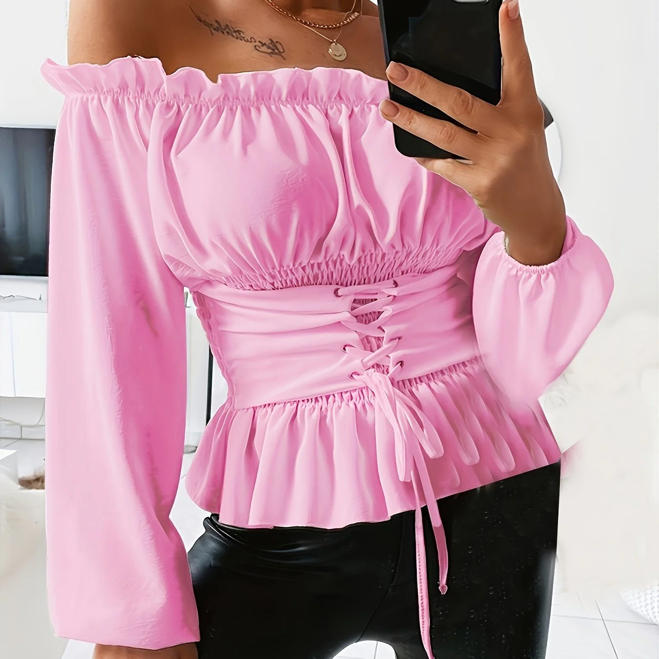 Off Shoulder Ruffle Trim Blouse, Casual Solid Long Sleeve Tie Front Blouse, Women's Clothing - Deanwangkt