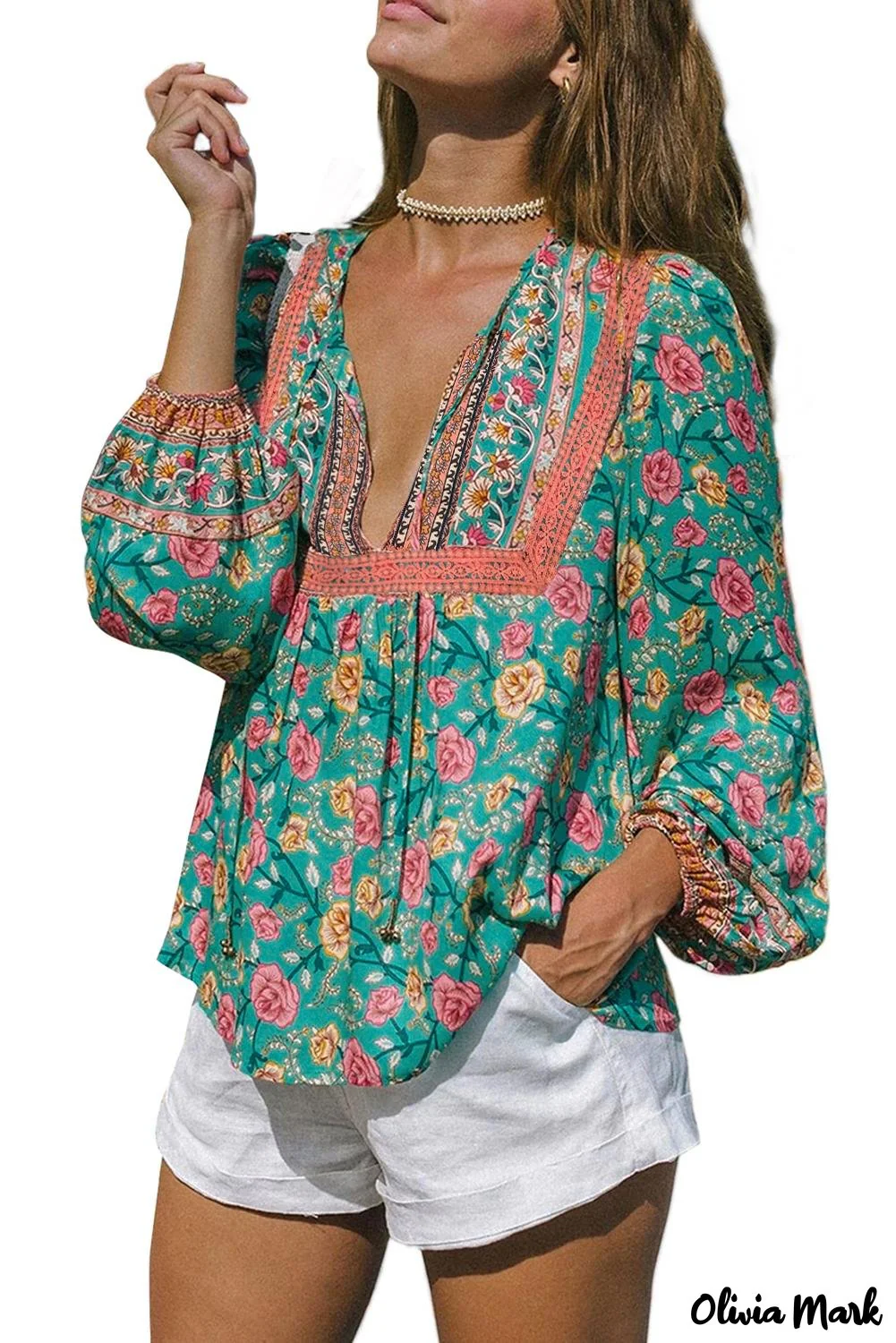 Deanwangkt - Green Floral Lantern Sleeve Blouse - Deanwangkt