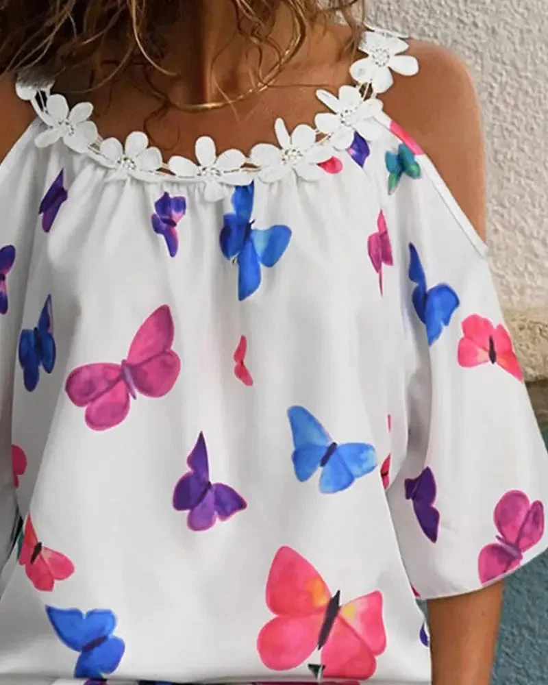 Deanwangkt - Floral Appliqué Butterfly Print Off-the-Shoulder Top - Deanwangkt
