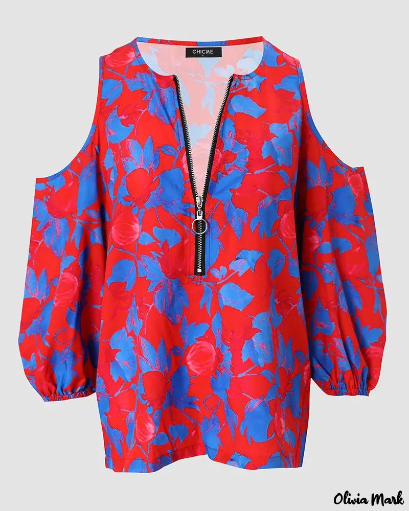 Deanwangkt - Floral Print Off Shoulder Zip Front Top - Deanwangkt