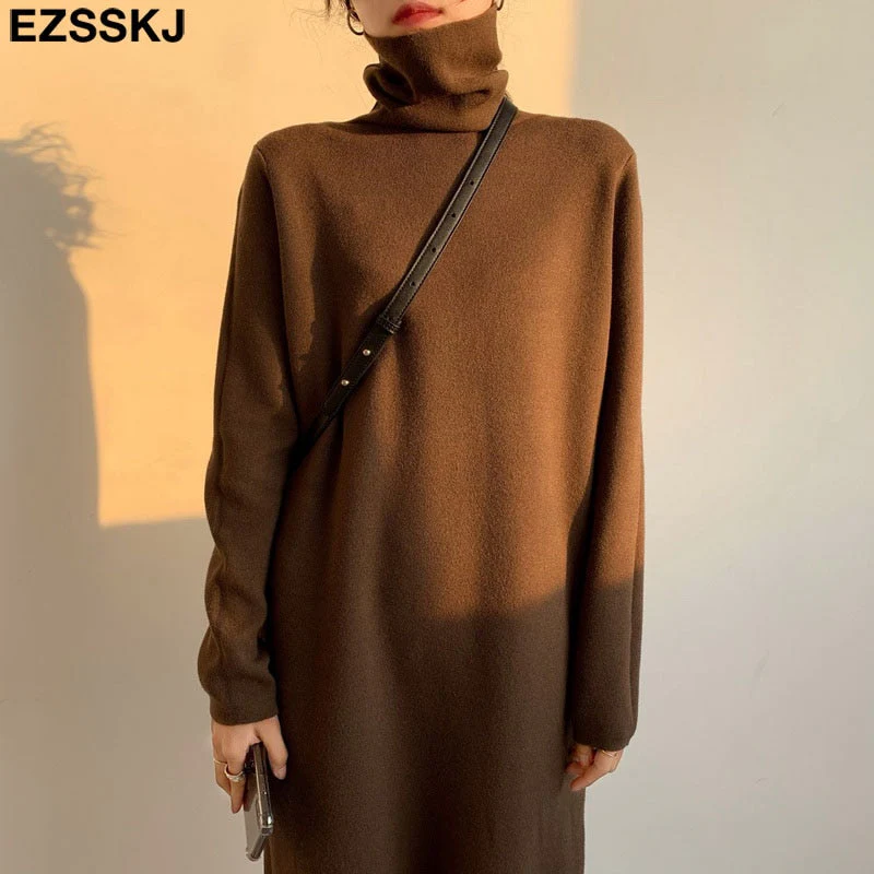 Christmas Gift Deanwangkt Casual autumn winter Pile collar thick maxi weater pullovers dress Women basic loose sweater female turtleneck long dress - Deanwangkt