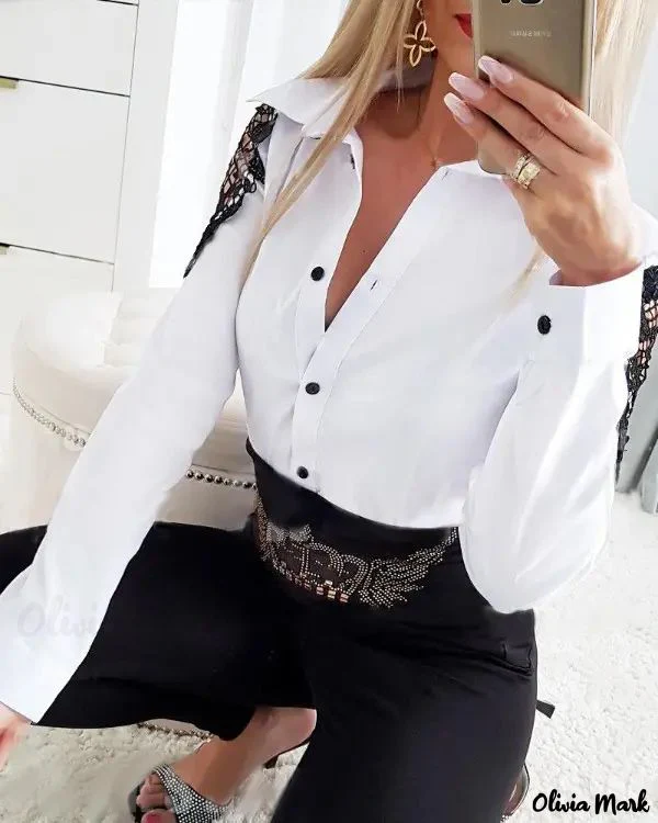 Deanwangkt - Womens Contrast Lace Long Sleeve Button-Up Blouse - Deanwangkt