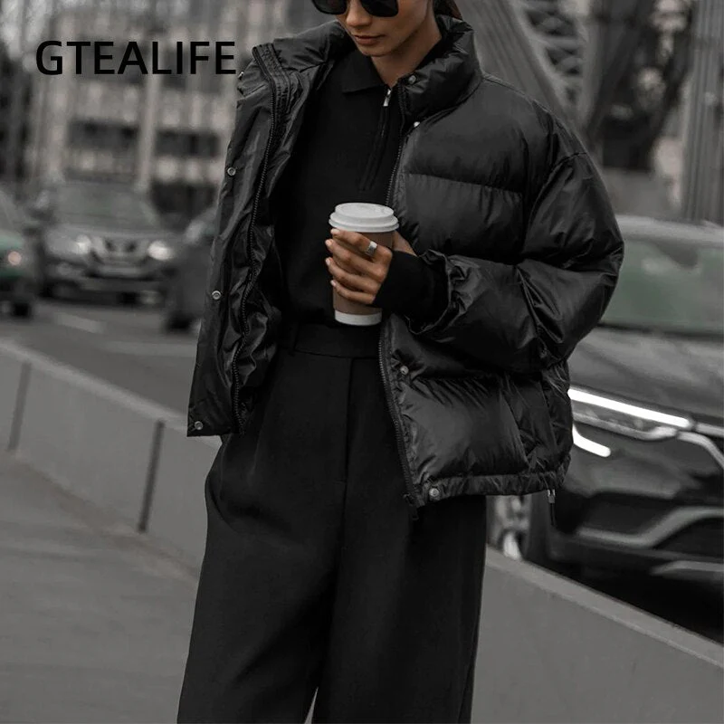 Christmas Gift  Black Street Style Solid Puffer Jacket Women Winter Clothes Casual Zipper Button Warm Bubble Coats Parkas Outerwear - Deanwangkt