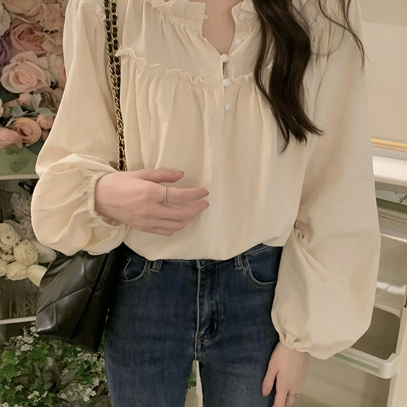 Ruched Button Front Blouse, Elegant Crew Neck Puff Sleeve Blouse, Women's Clothing - Deanwangkt