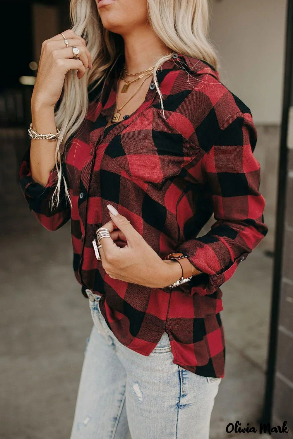 Deanwangkt - Red Buffalo Plaid Blouse with Button Pocket - Deanwangkt