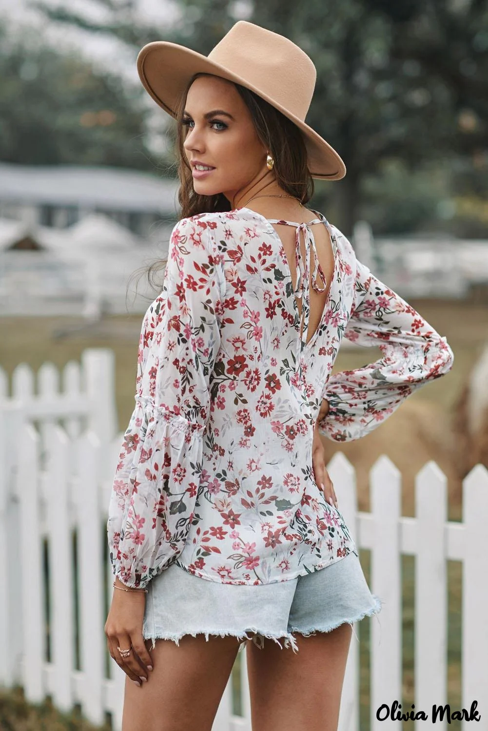 Deanwangkt - Multicolor Draped V-Neck Floral Lantern Sleeve Blouse - Deanwangkt