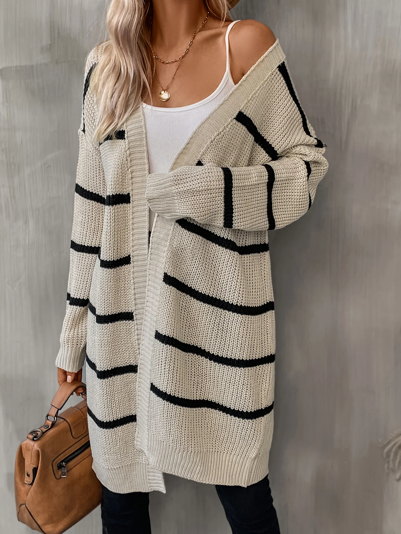 deanwangkt-1  Striped Open Front Drop Shoulder Cardigan, Casual Long Sleeve Cardigan For Fall & Winter, Women's Clothing - Deanwangkt