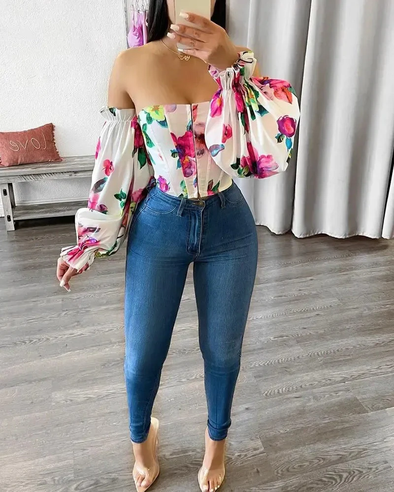 Deanwangkt - Off The Shoulder Lantern Sleeve Floral Print Top - Deanwangkt