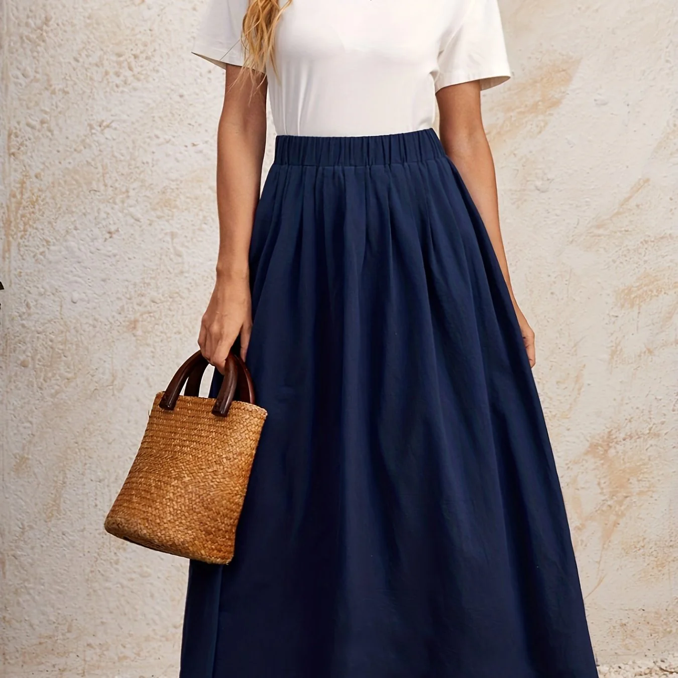 deanwangk Solid Elastic Waist Skirt, Casual Skirt For Spring & Summer, Women's Clothing - Deanwangkt