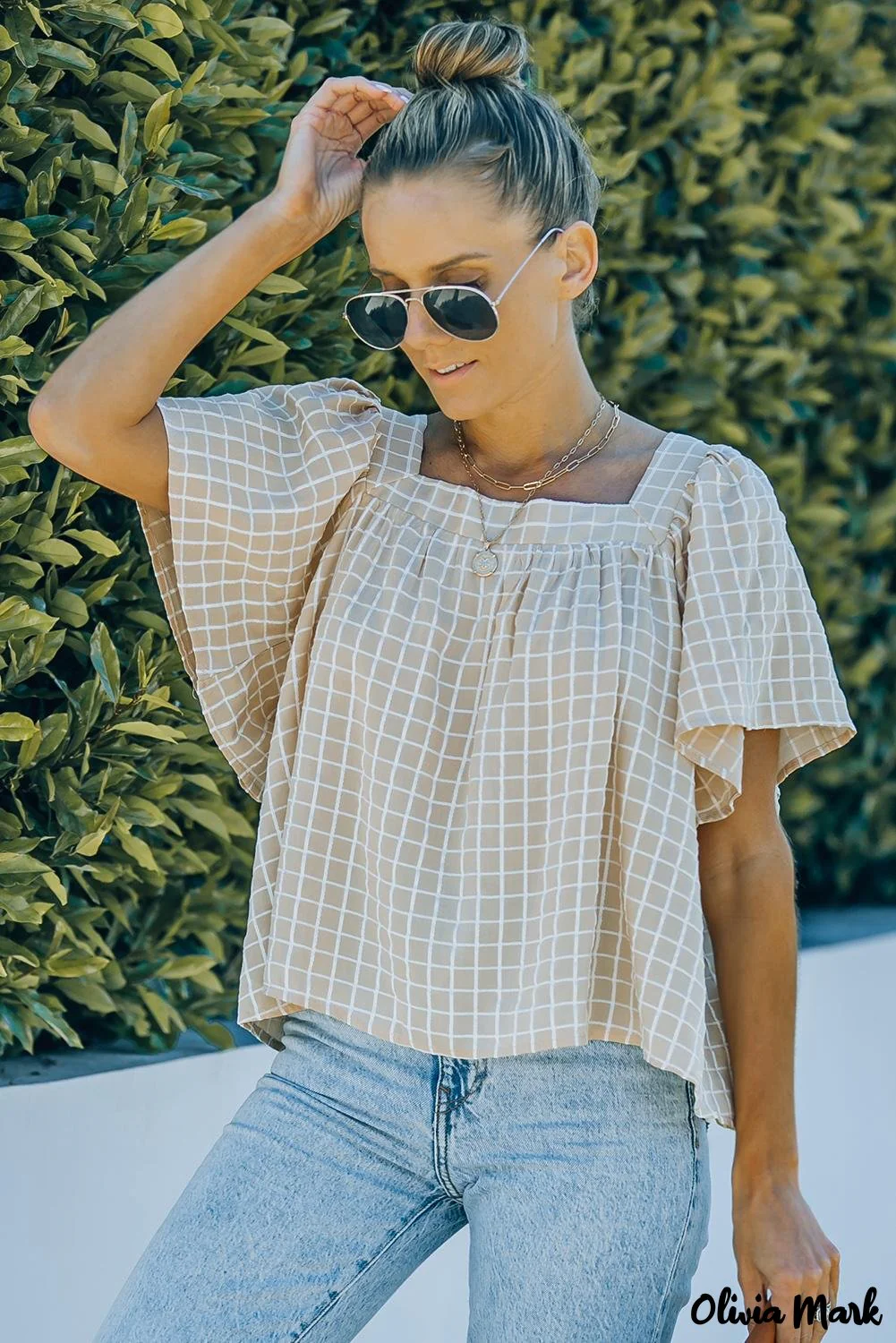 Deanwangkt - Khaki Gingham Flutter Sleeve Blouse - Deanwangkt