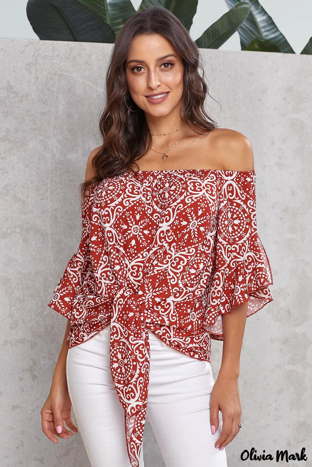 Deanwangkt - Bohemian red blouse with floral print and bare shoulders - Deanwangkt