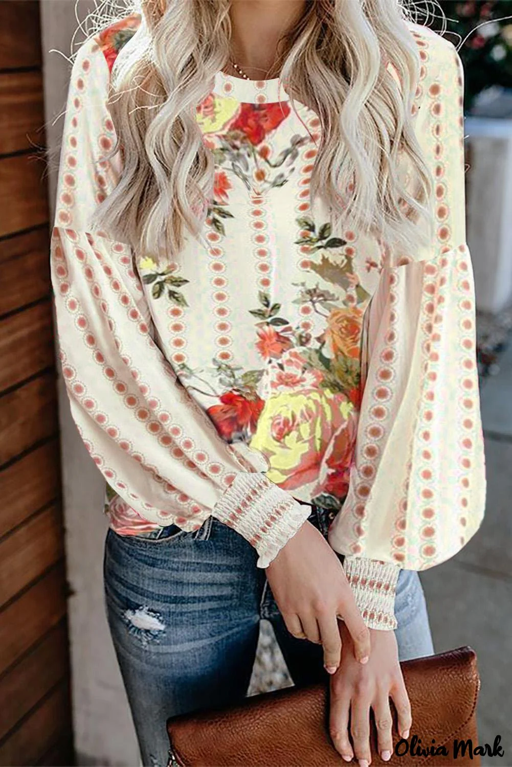 Deanwangkt - Apricot Round Neck Floral Print Balloon Sleeve Blouse - Deanwangkt