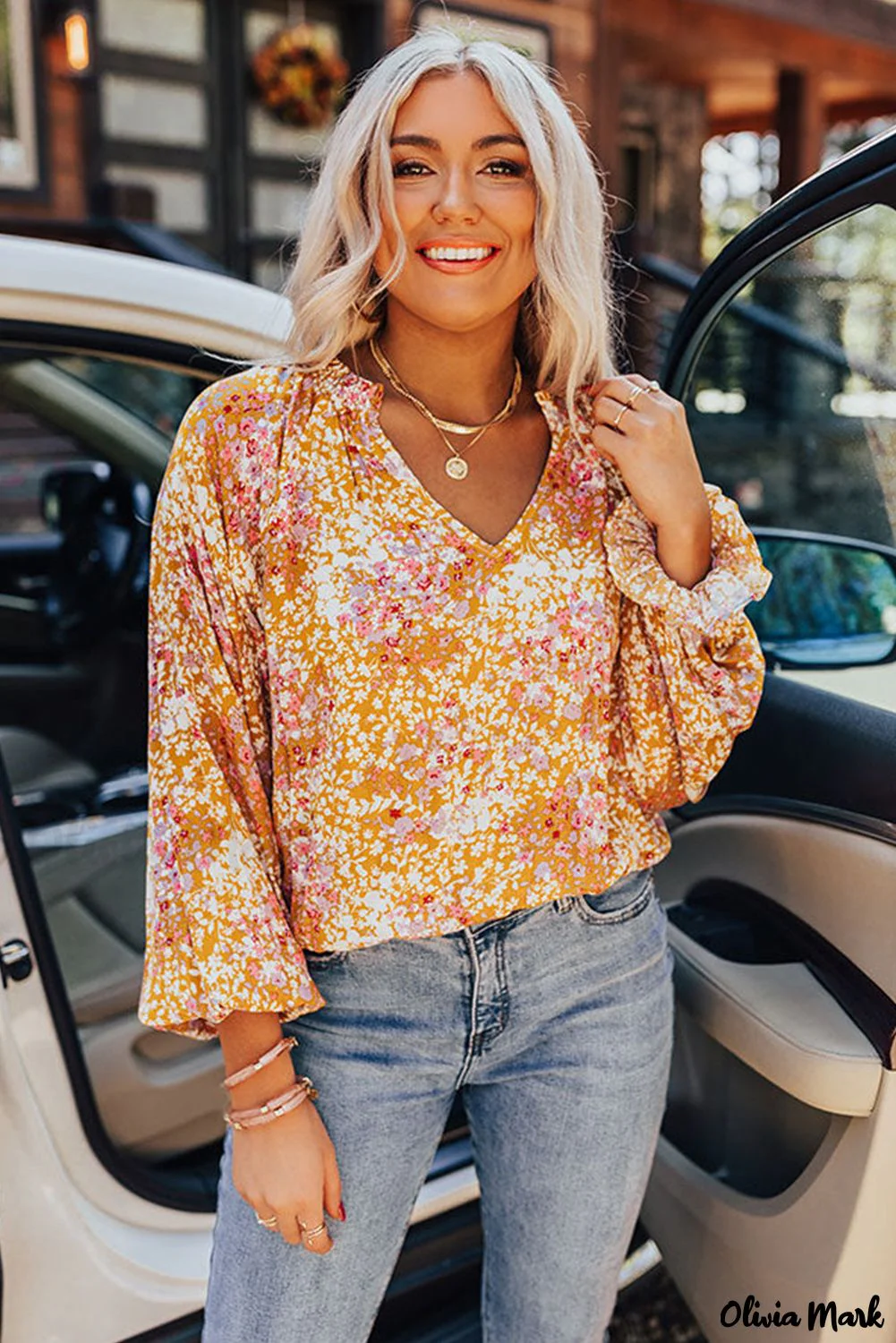 Deanwangkt - Yellow Floral Split V-Neck Blouse - Deanwangkt