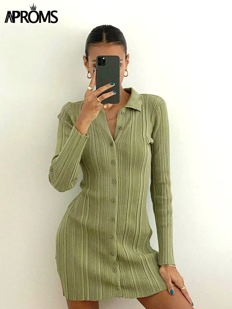 Christmas Gift Aproms Elegant Green Thick Ribbed Knitted Shirt Dress Women Deanwangkt Winter Buttons Long Sleeve Stretch Bodycon Short Mini Dresses - Deanwangkt