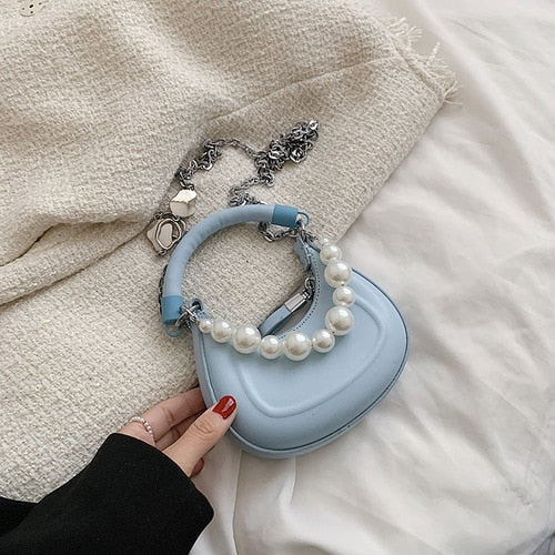 Back To College Deanwangkt Kawaii Tote PU Leather Half Moon Armpit Bag With Pearl Short Handle Women's Designer Handbag Luxury Shoulder Crossbody Bag - Deanwangkt