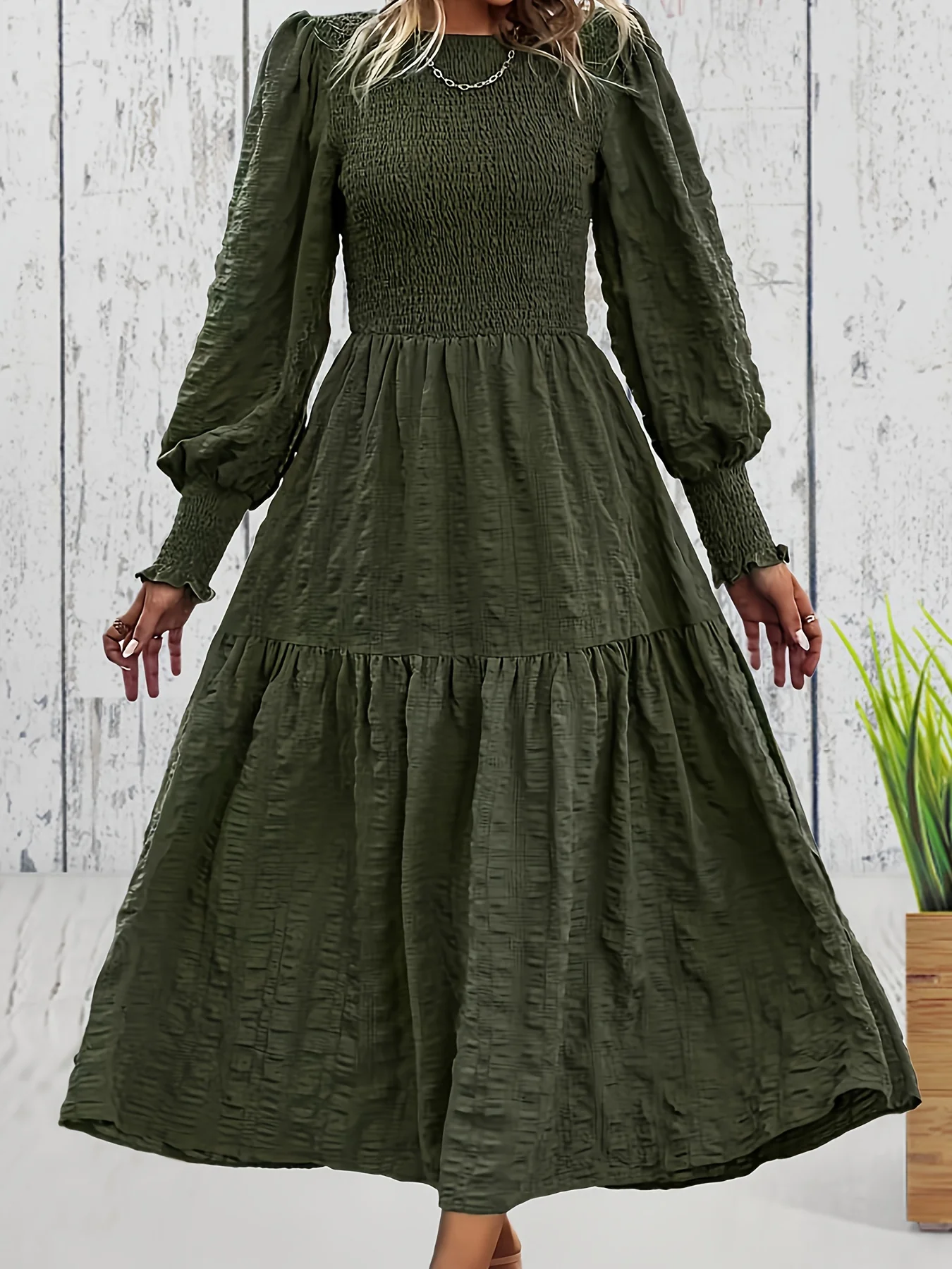 deanwangkt-1  Textured Shirred Dress, Elegant Long Sleeve Tiered Dress, Women's Clothing - Deanwangkt