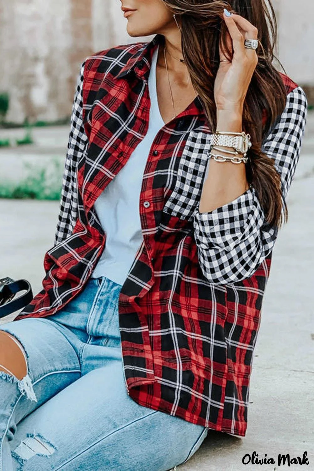 Deanwangkt - Checkered Plaid Shirt with Colored Pockets and Long Sleeve Turn-Down Collar Red - Deanwangkt