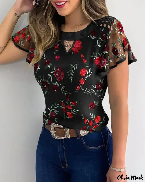 Deanwangkt - Casual blouse with flutter sleeves in sheer mesh with floral embroidery - Deanwangkt