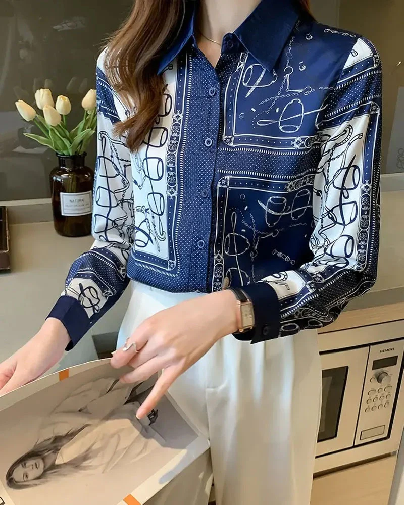 Deanwangkt - Scarf Print Button-Down Long Sleeve Shirt - Deanwangkt