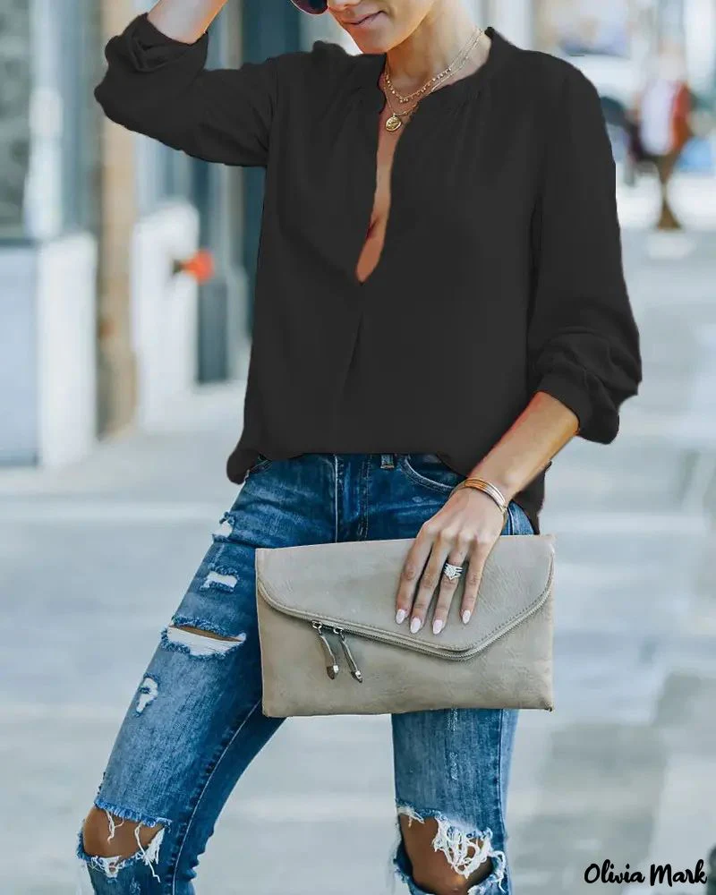 Deanwangkt - Solid Long Sleeve Curved Hem Top - Deanwangkt