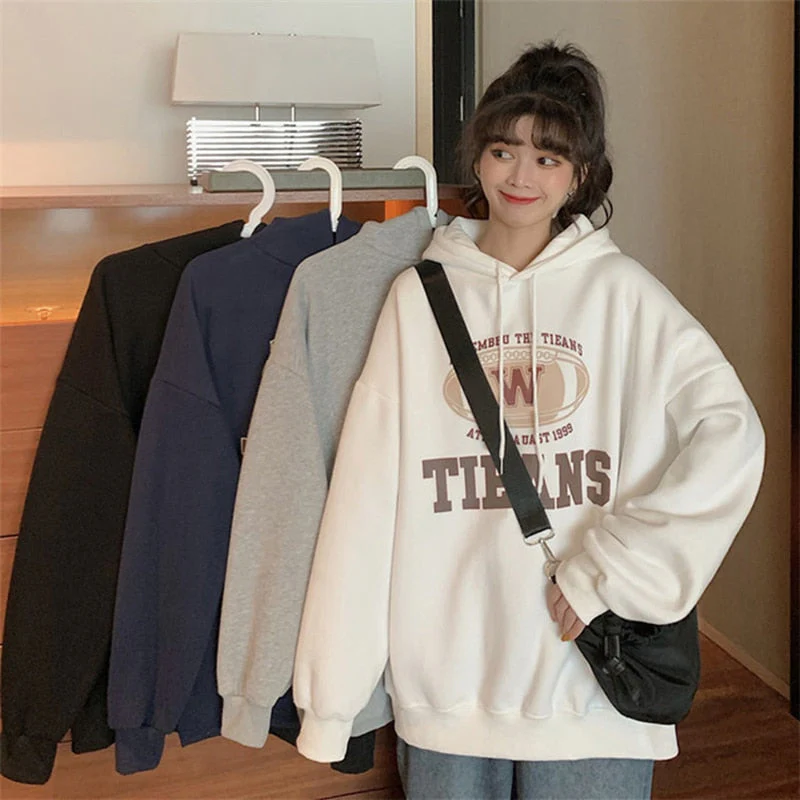 Black Friday Sales Women's Hooded Sweater Retro Trend Loose Lazy Letter Print Y2K Autumn And Winter All-Match Top Plus Fleece Pullover - Deanwangkt