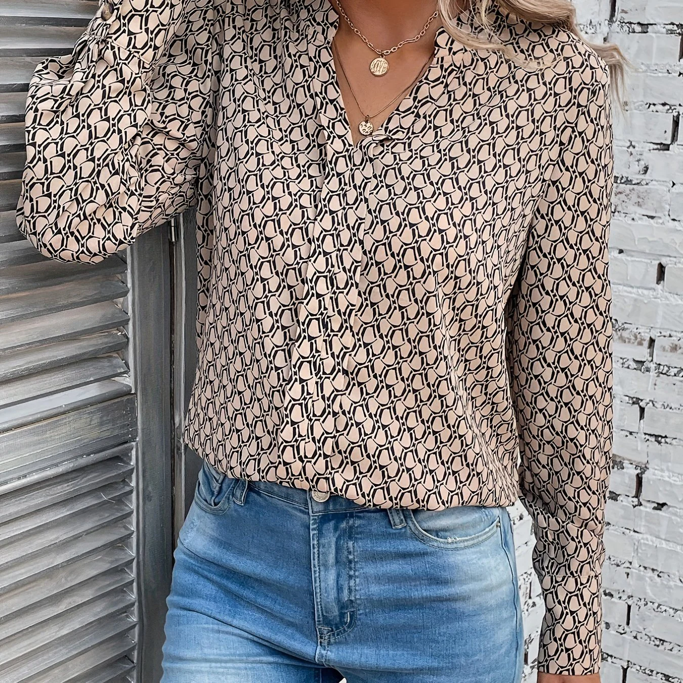 Allover Print Notched Neck Blouse, Casual Long Sleeve Blouse For Spring & Fall, Women's Clothing - Deanwangkt