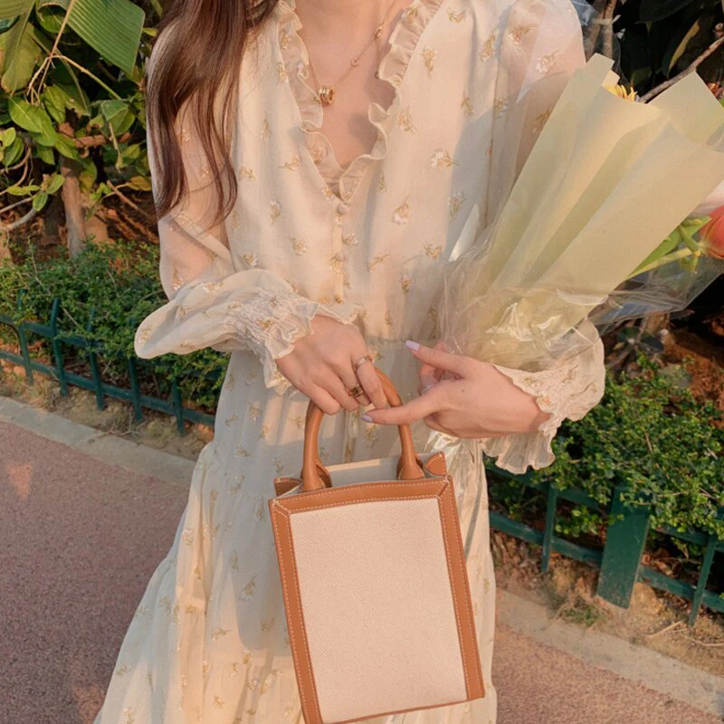 Christmas Gift Deanwangkt Summer Women Floral Fungus V-Neck Long-Sleeve Dress Elegant Party Korean Style Beach Dress Sweet Temperament Girls Holiday - Deanwangkt