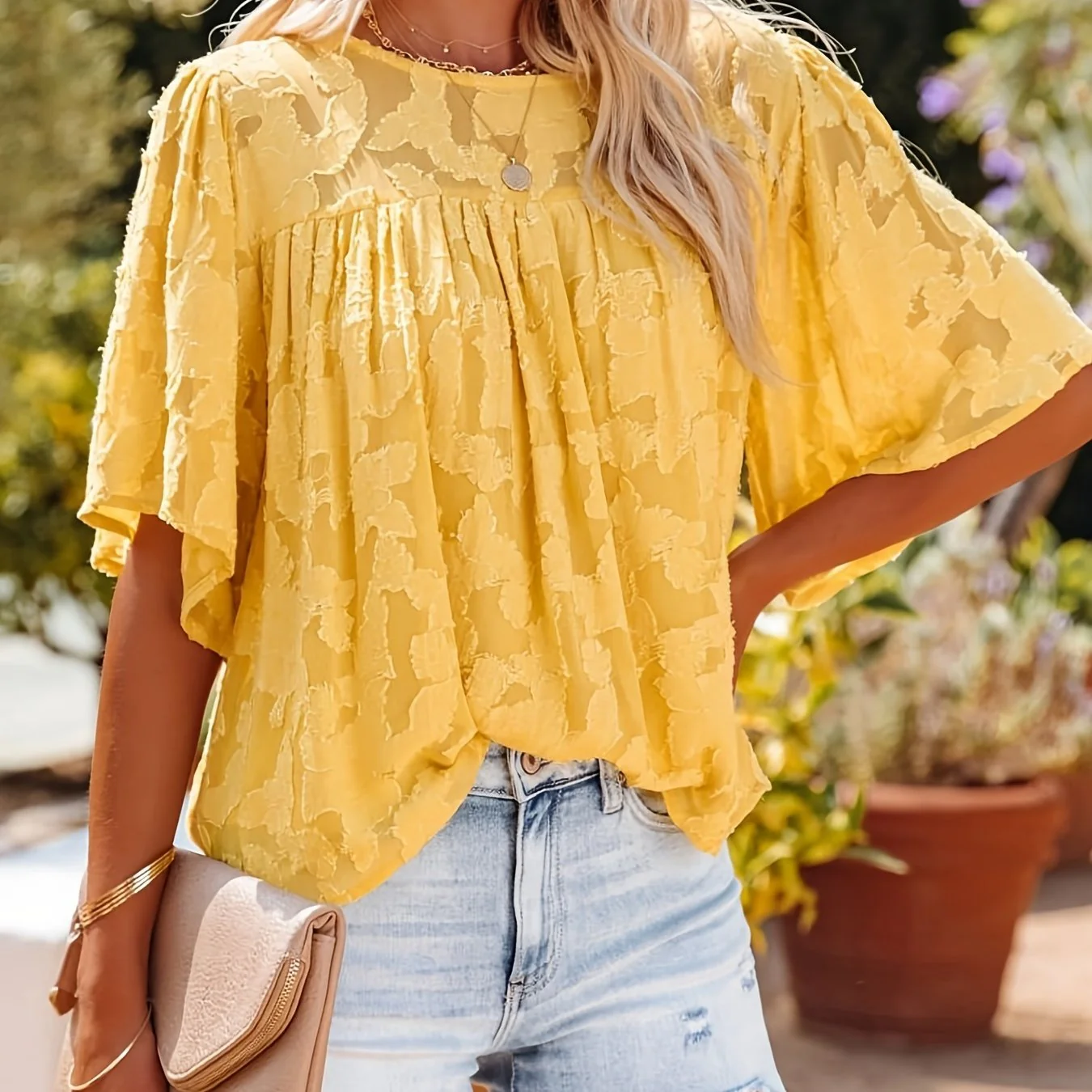 Casual Lace Flare Sleeve Blouse, Short Sleeve Crew Neck Solid Blouse, Casual Every Day Tops, Women's Clothing - Deanwangkt