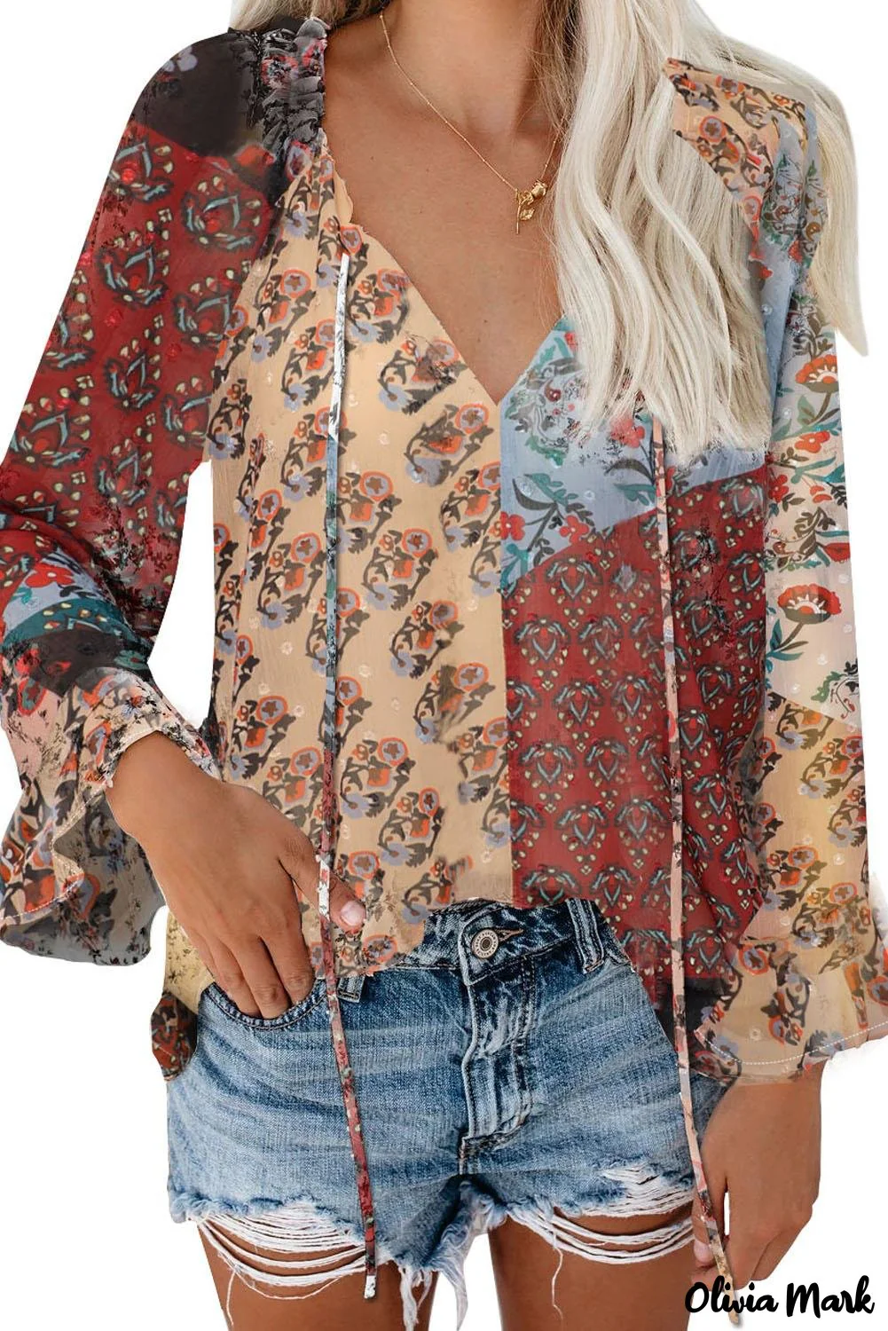 Deanwangkt - Multicolor Floral Print Drawstring Long Sleeve Blouse - Deanwangkt