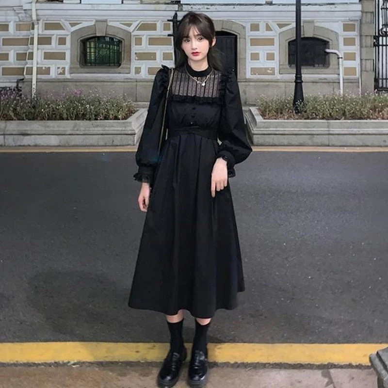 Christmas Gift Deanwangkt Autumn Gothic Black Lace Dress Women Casual Elegant Party Midi Ruffle Long Sleeve Dress Emo Y2k Goth Clothes - Deanwangkt