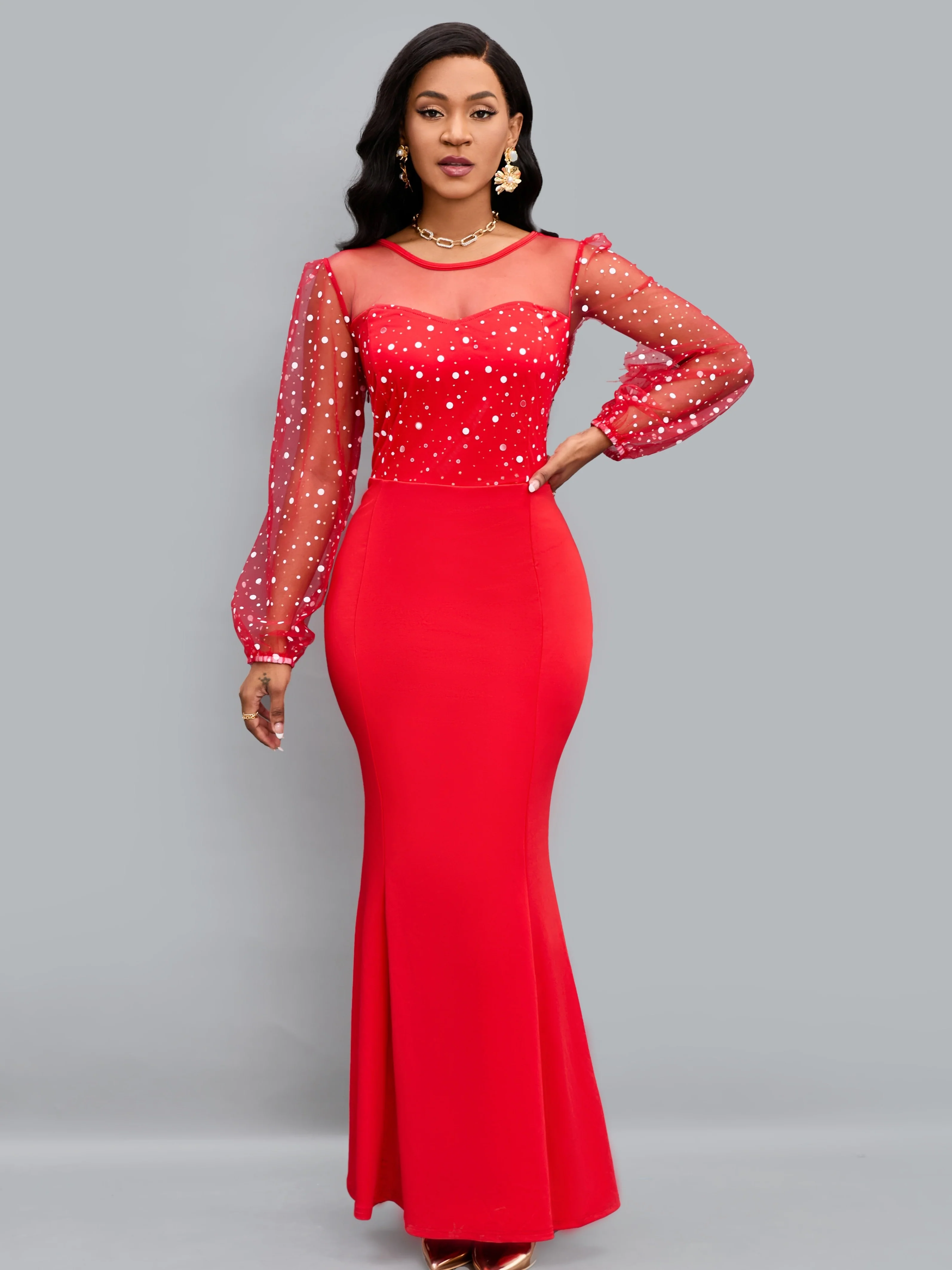 deanwangkt-1  Round Neck Mesh Stitching Dress, Elegant Slim Long Sleeve Waist Long Dresses, Women's Clothing - Deanwangkt