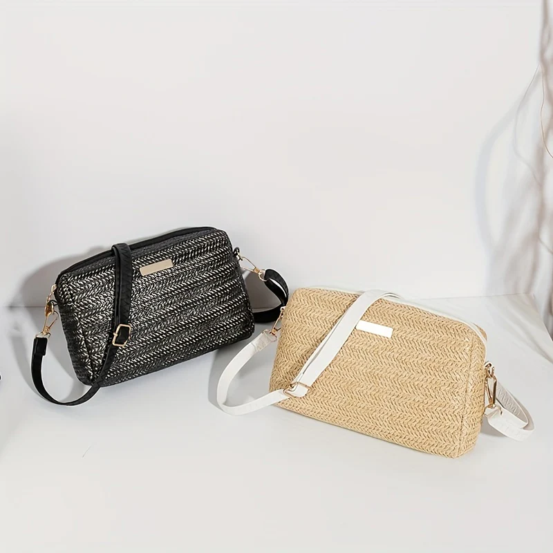 Woven Elegant Crossbody Bag, Zipper Holiday Vacation Beach Bag With Adjustable Strap - Deanwangkt