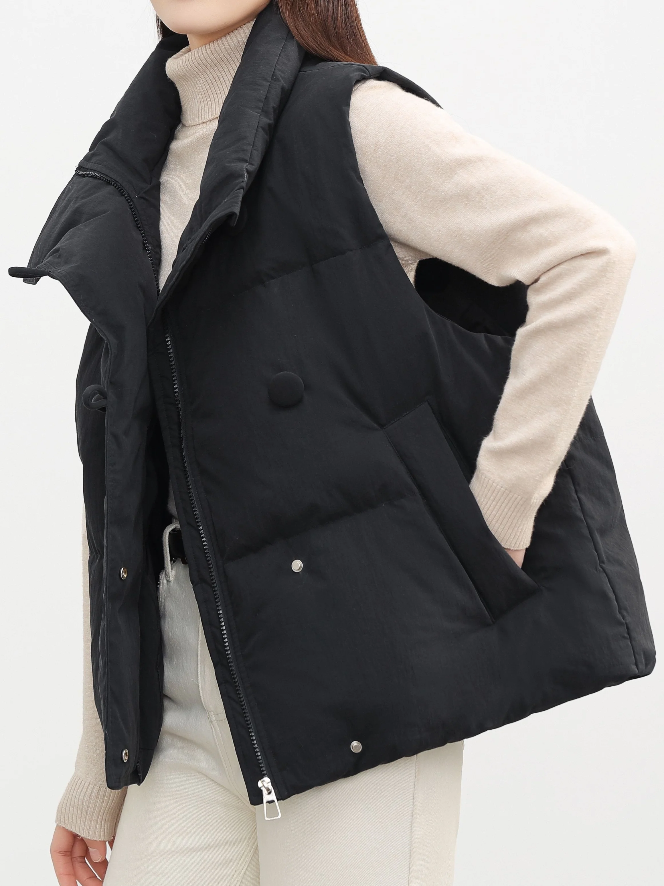 deanwangk Buckle Front High Neck Vest, Casual Solid Sleeveless Versatile Outerwear, Women's Clothing - Deanwangkt