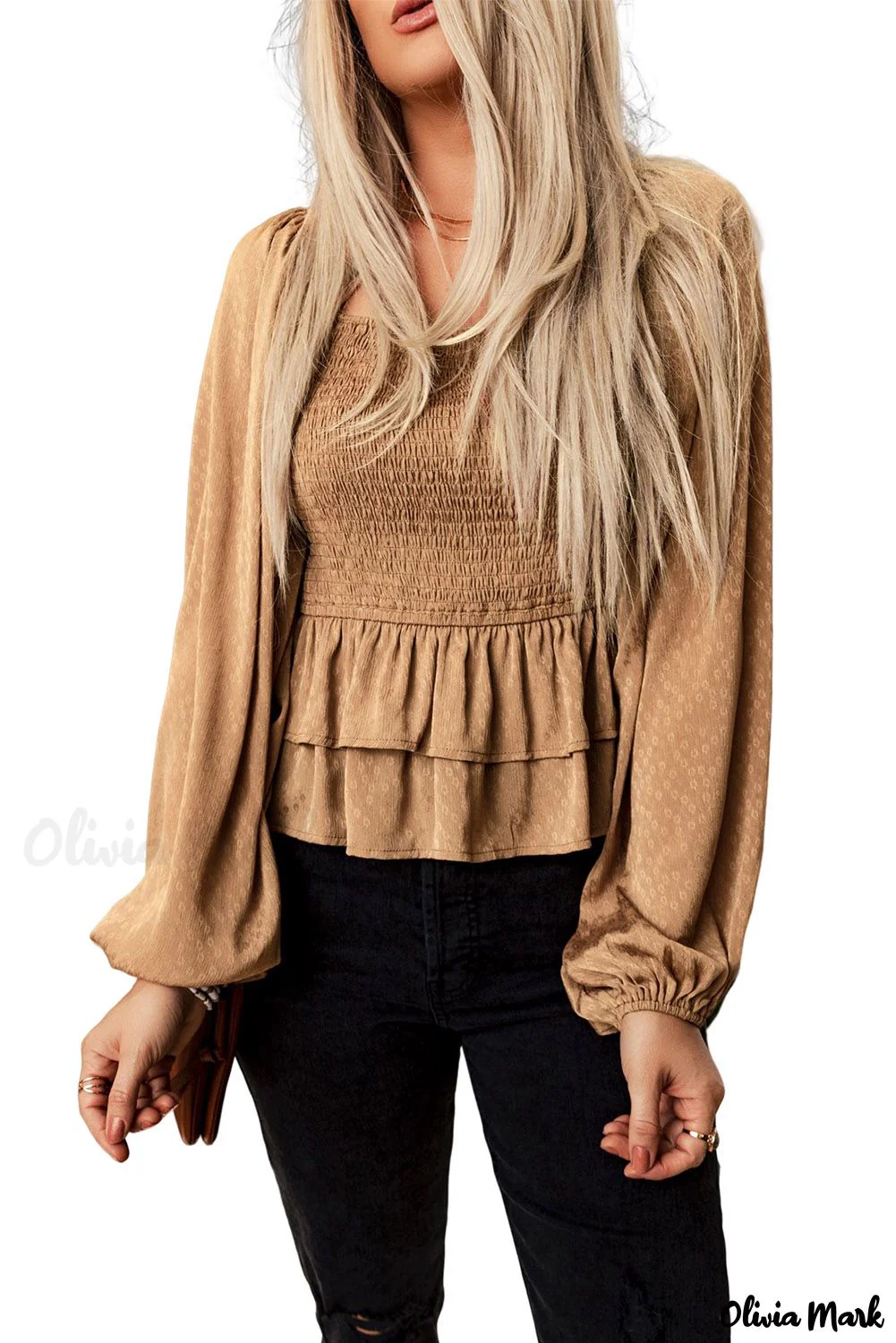 Deanwangkt - Brown Floral Ruched Ruffle Square Neck Blouse - Deanwangkt