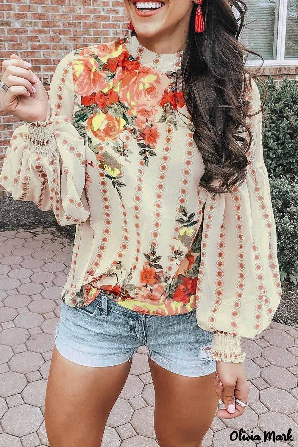 Deanwangkt - Apricot Round Neck Floral Print Balloon Sleeve Blouse - Deanwangkt
