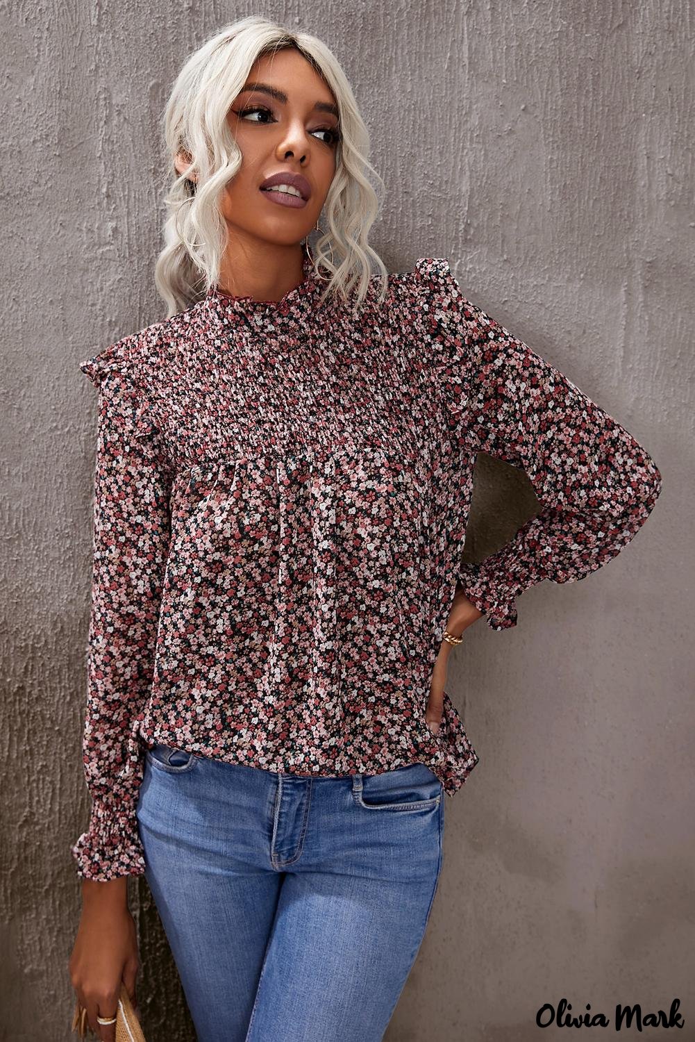 Deanwangkt - Floral Print Ruffle Long Sleeve Blouse - Deanwangkt
