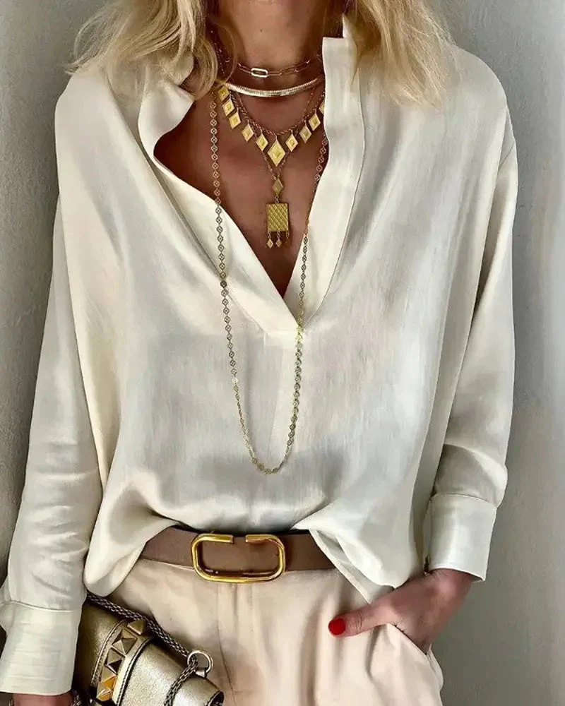 Deanwangkt - Solid Long Sleeve V-Neck Top - Deanwangkt