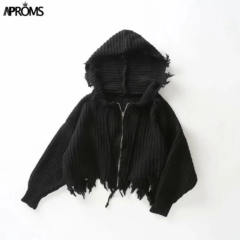 Christmas Gift Aproms Casual Tassel Hooded Knitted Sweater Women Zipper Loose Cropped Cardigans Deanwangkt Winter Coat Cool Gilrs Streetwear Jumper - Deanwangkt