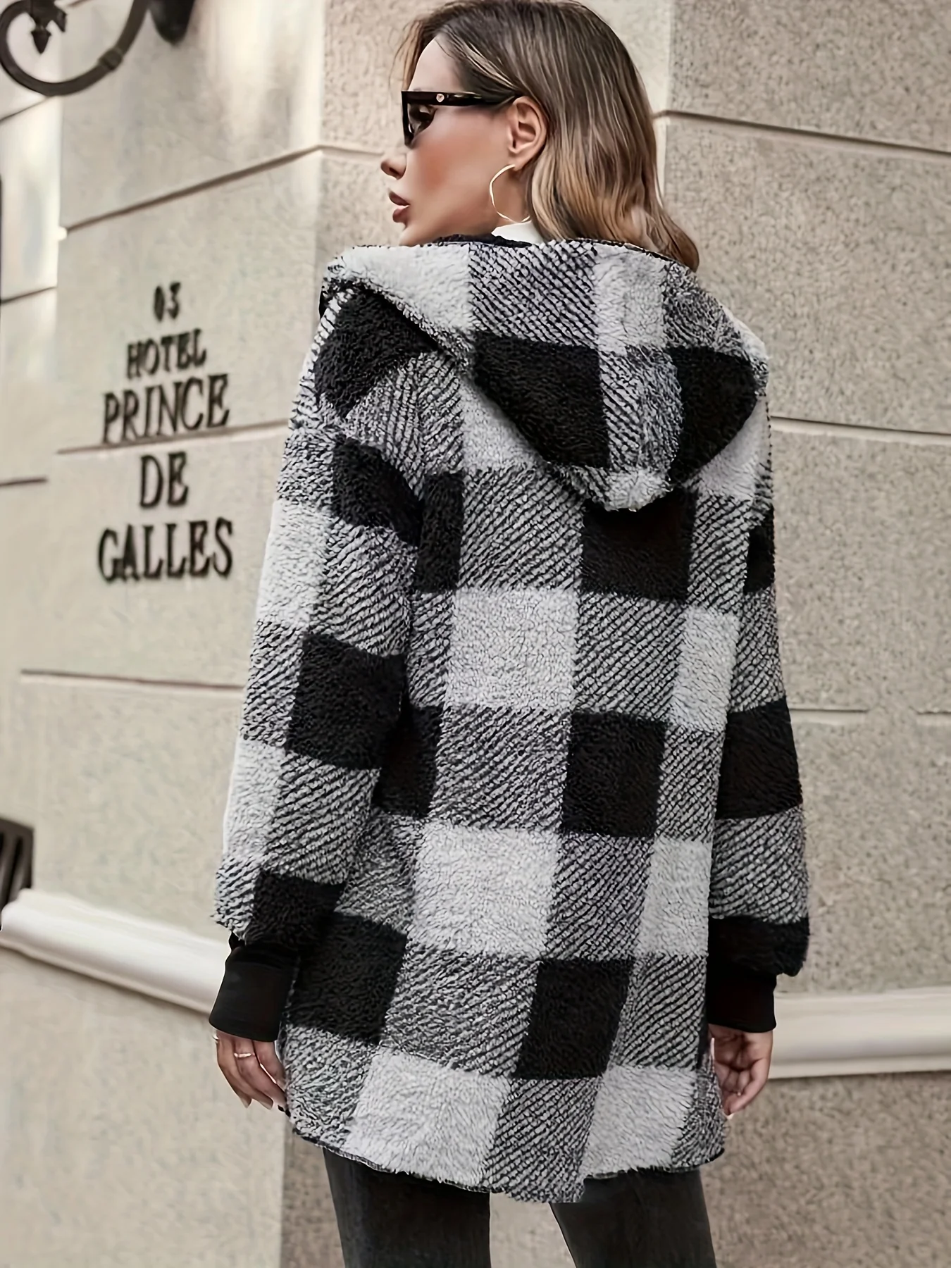 deanwangk Plaid Print Open Front Fuzzy Coat, Casual Long Sleeve Hooded Coat For Fall & Winter, Women's Clothing - Deanwangkt