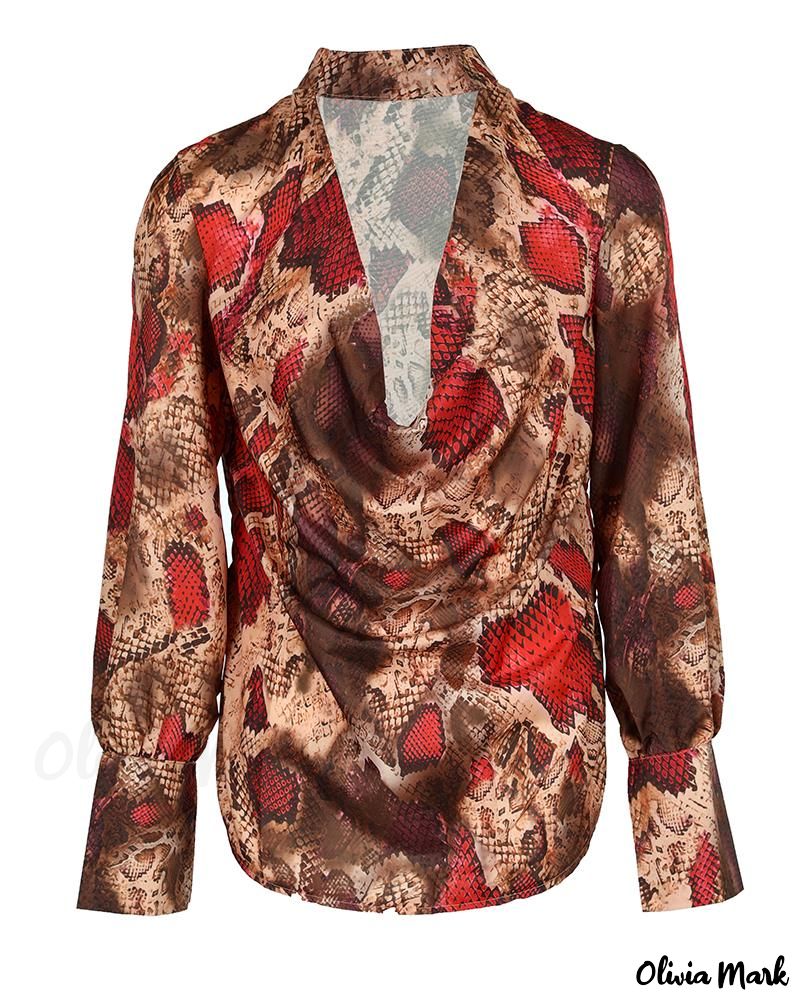 Deanwangkt - Snake Skin Pattern Cowl Neck Long Sleeve Blouse - Deanwangkt