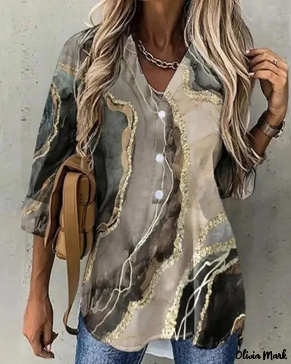 Deanwangkt - Marble Print Long Sleeve Button Down Shirt - Deanwangkt