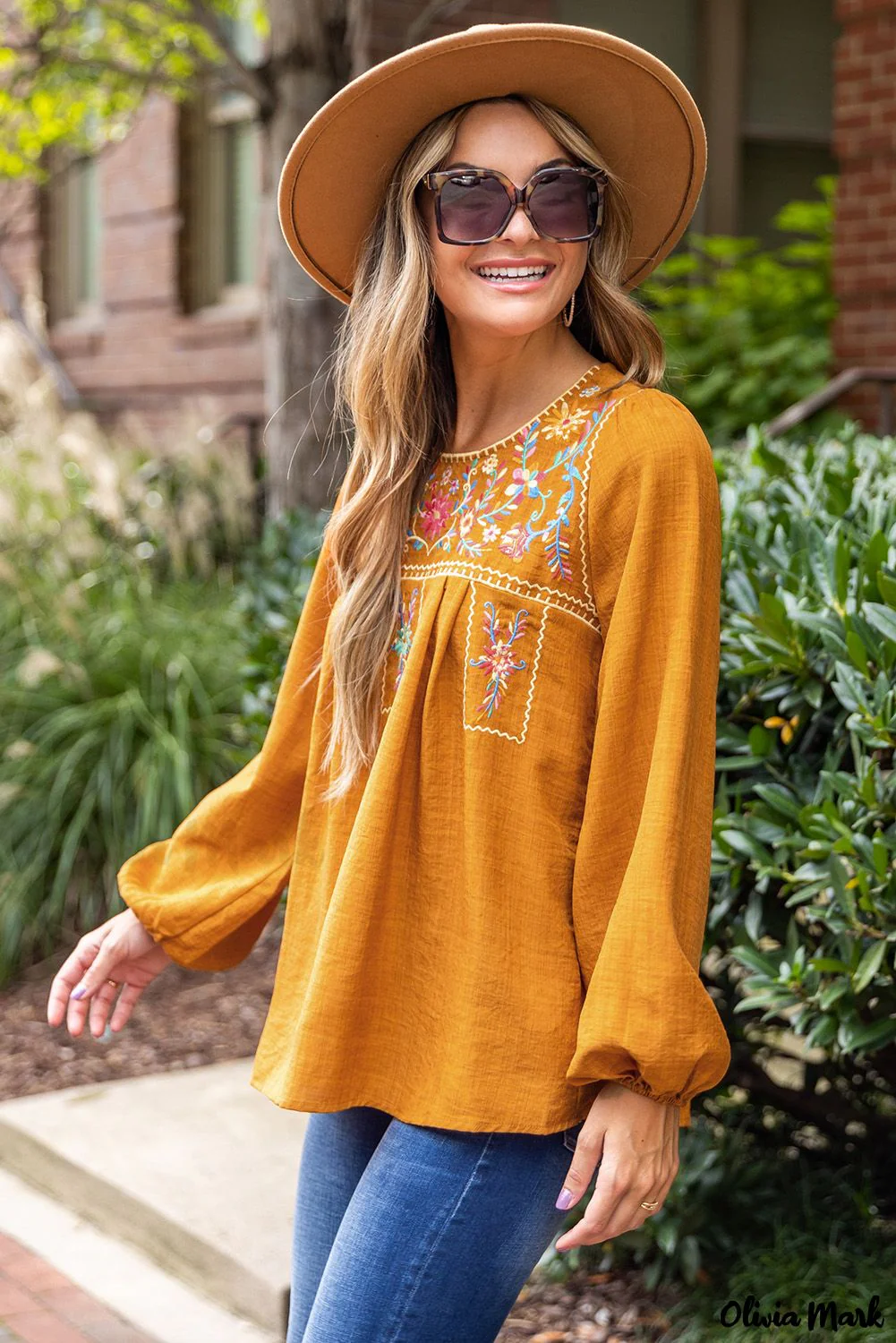 Deanwangkt - Orange blouse with embroidered flowers and puff sleeves - Deanwangkt