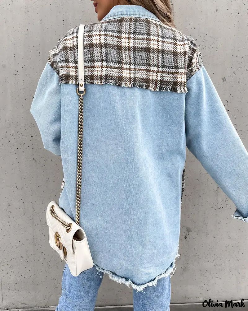 Deanwangkt - Raw Hem Denim Coat with Plaid Panel and Button Front - Deanwangkt