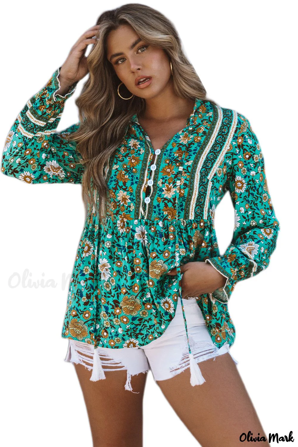 Deanwangkt - Bohemian green blouse with floral print and peplum with long sleeves - Deanwangkt