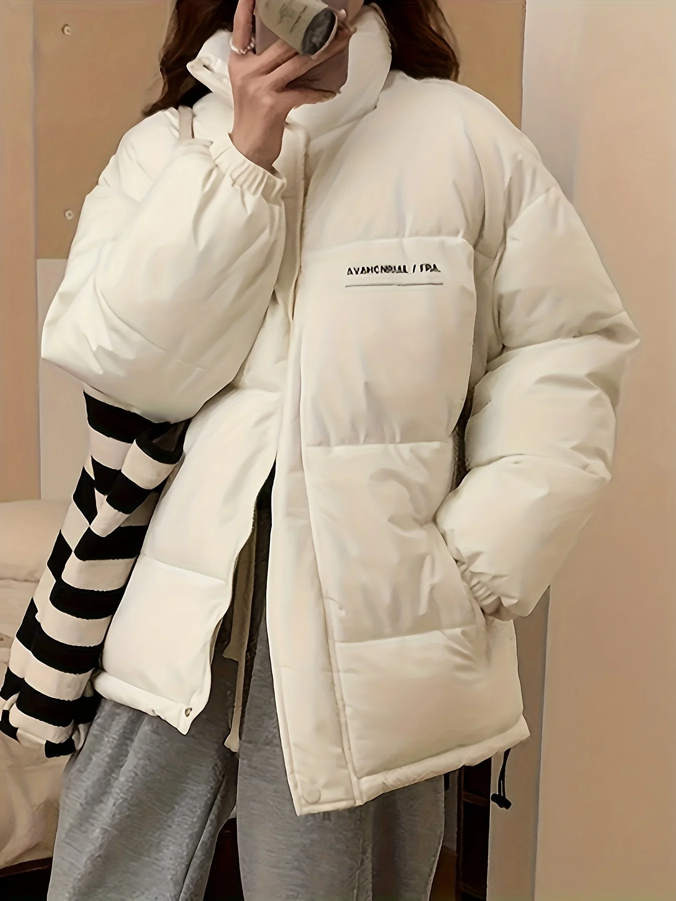 Zip Up Letter Print Puffy Coat, Long Sleeve Slant Pockets Outwear For Winter, Women's Clothing - Deanwangkt