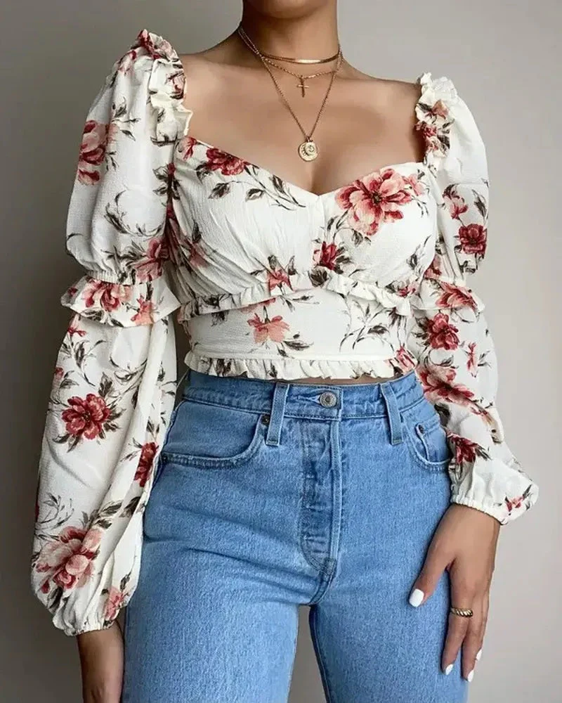 Deanwangkt - Floral Print Ruffle Hem Long Sleeve Crop Top - Deanwangkt