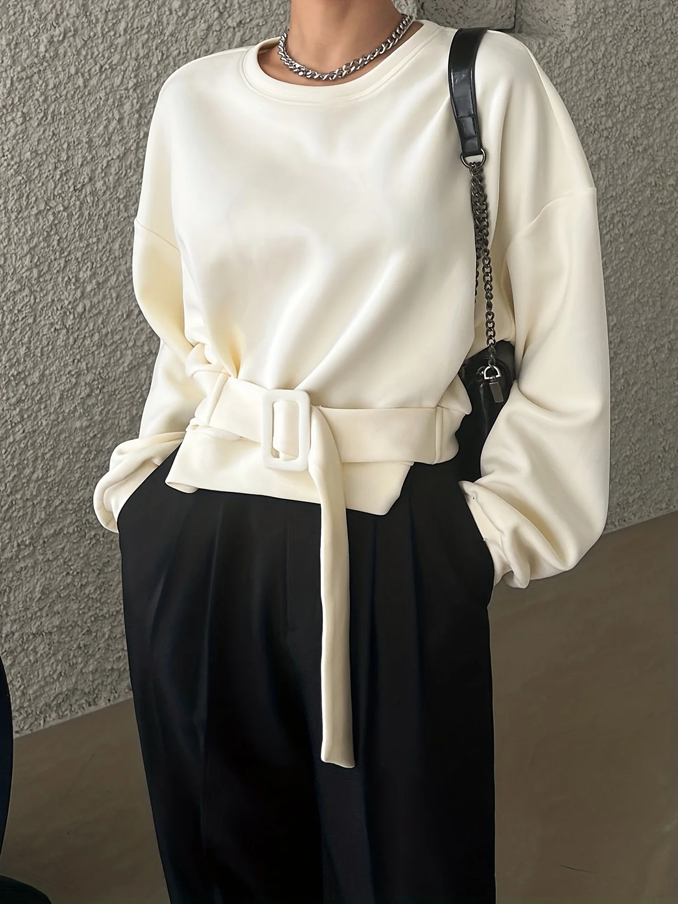 deanwangkt-1  Solid Belted Pullover Sweatshirt, Casual Long Sleeve Crew Neck Sweatshirt For Spring & Fall, Women's Clothing - Deanwangkt