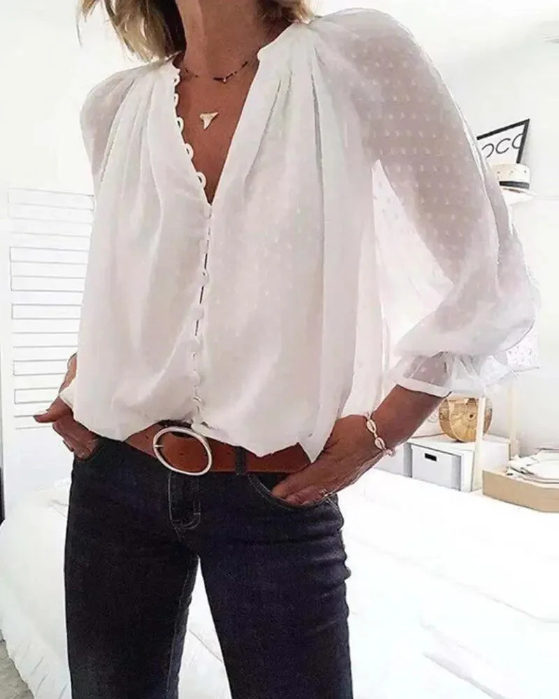 Deanwangkt - Polka Dot Button Long Sleeve Blouse - Deanwangkt