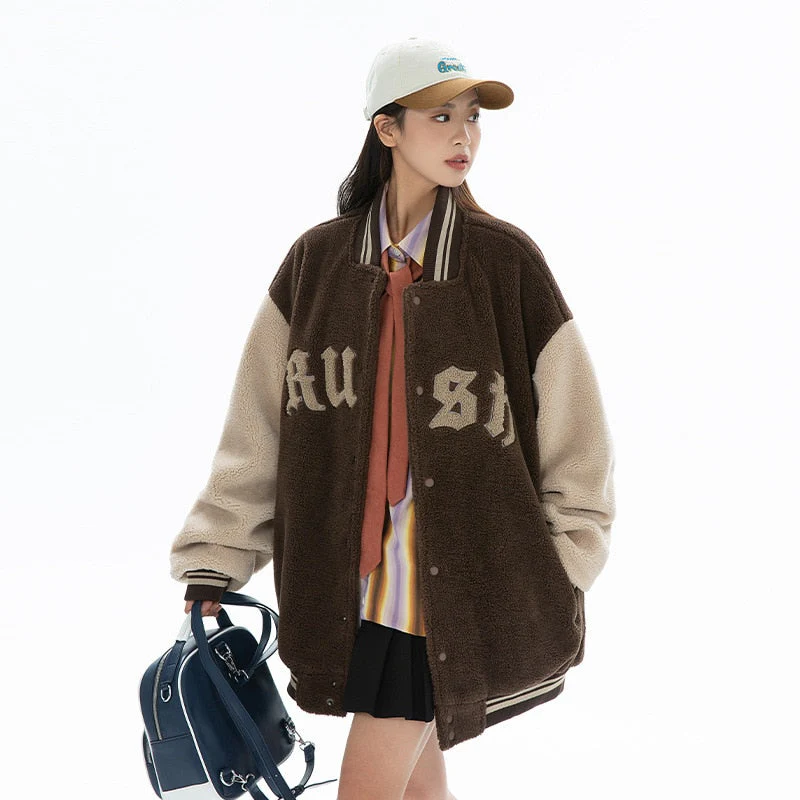 Black Friday Sales Women Parker Fashion Baseball Jacket Jacket Autumn Winter American Embroidered Imitation Lamb Wool Couple's Cotton Jacket - Deanwangkt