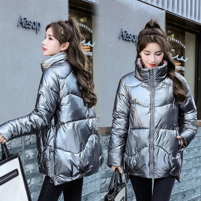 Christmas Gift Deanwangkt New Women's Winter Jacket Glossy Parka Stand Callor Down Cotton Jacket Warm Casual Cotton Padded Parkas Snow Wear Coat - Deanwangkt